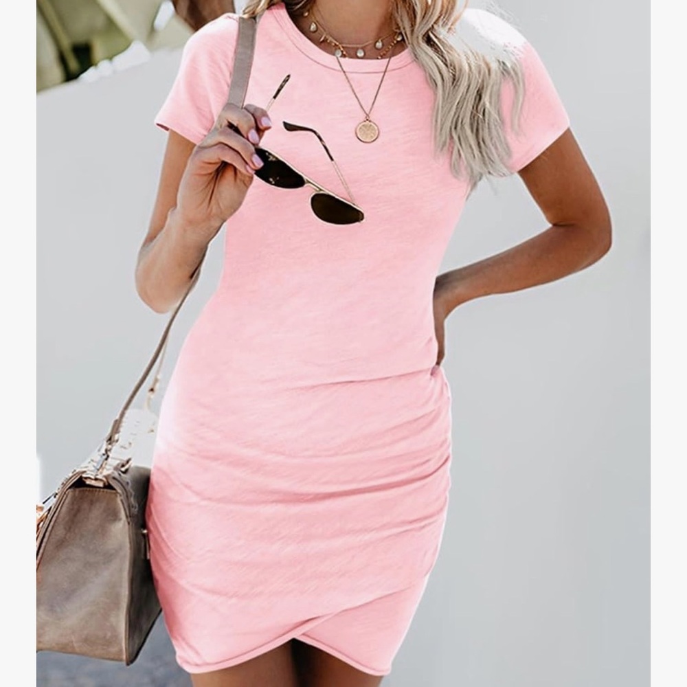 Blush Pink Ruched Bodycon Mini Dress Tulip Hem Short Sleeve Stretch - Picture 4 of 4